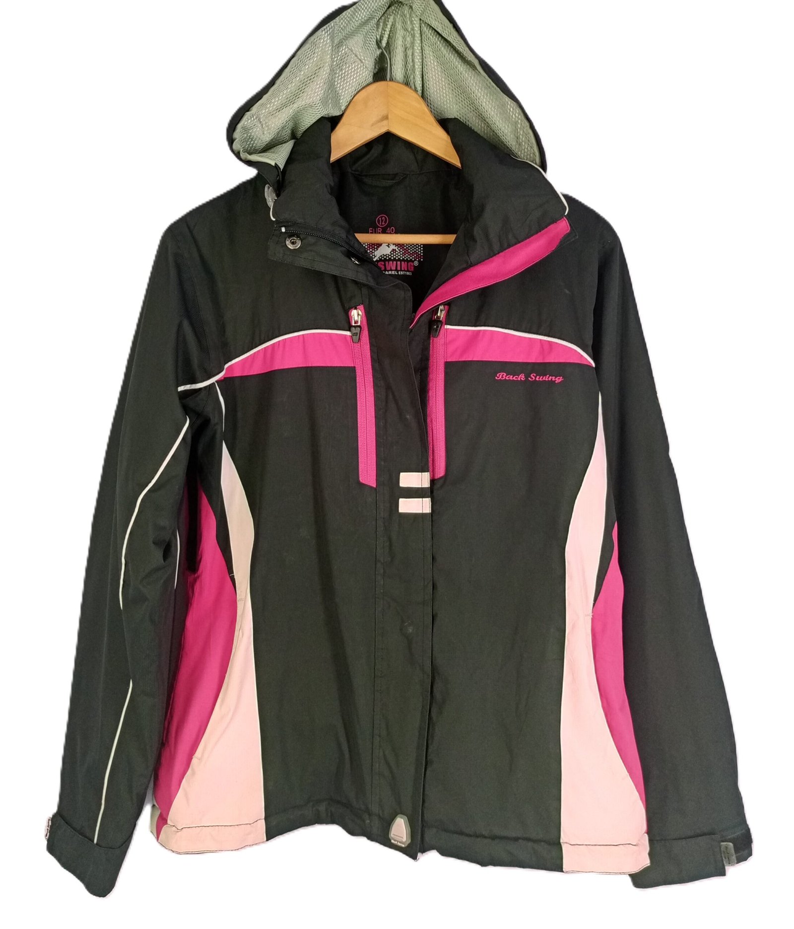 "Women's Biker Jacket - Black color with pink and white parts - Zipper for under arms wind -  (with detachable/ foldable hood)"