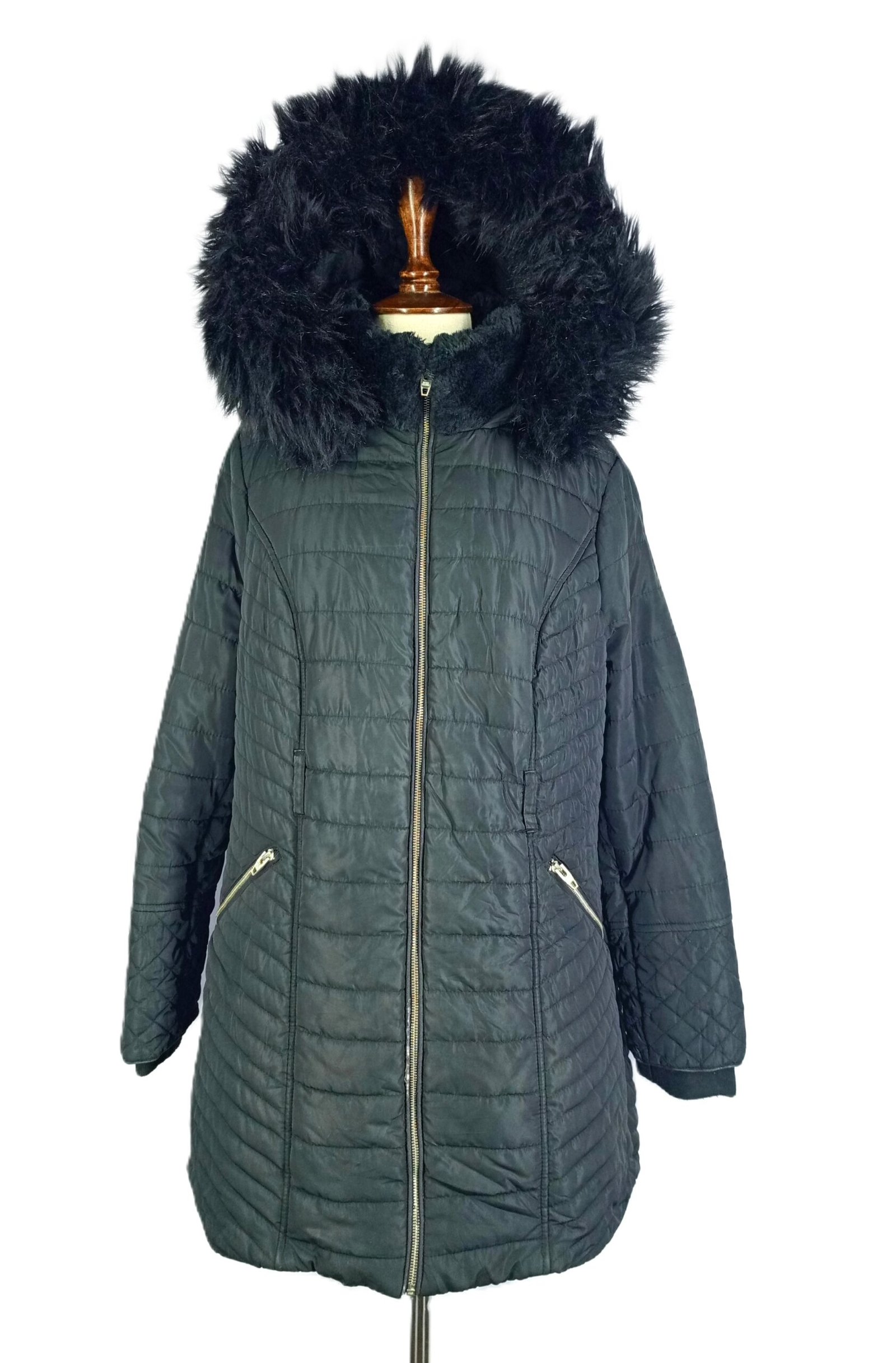Women's Quilted Hooded Jacket with Removable Collar and Hood Fur