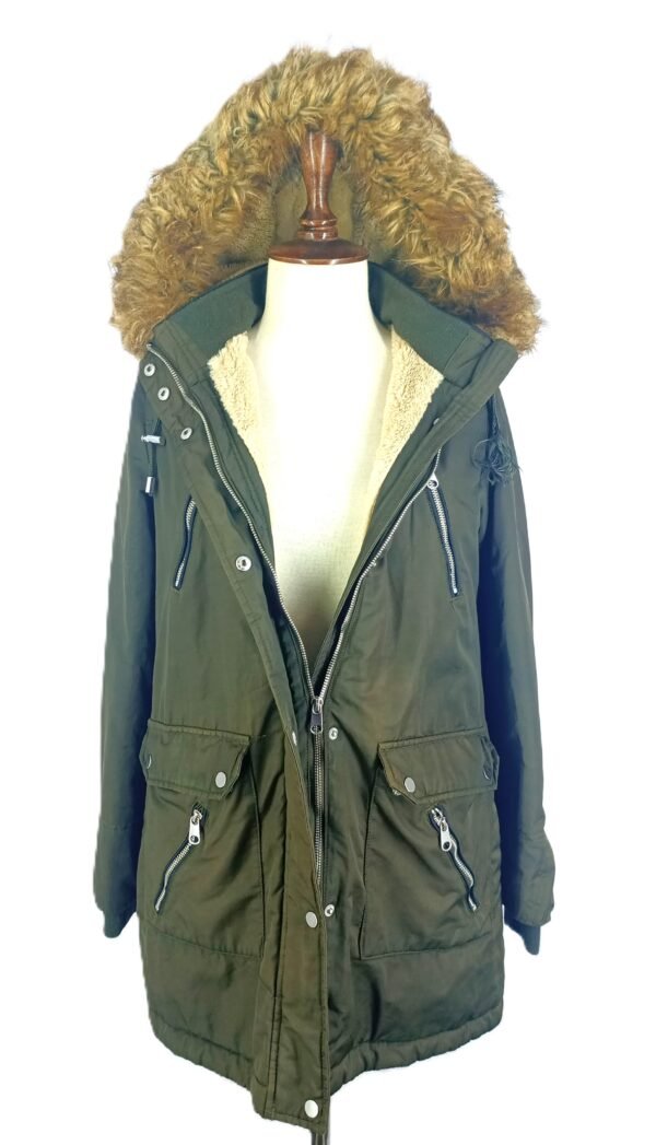 Women's Hooded Long Canvas Jacket - Upper Part Faux Fur Lining, Lower Part Polyester Lining - Fur Hood Border - Image 2