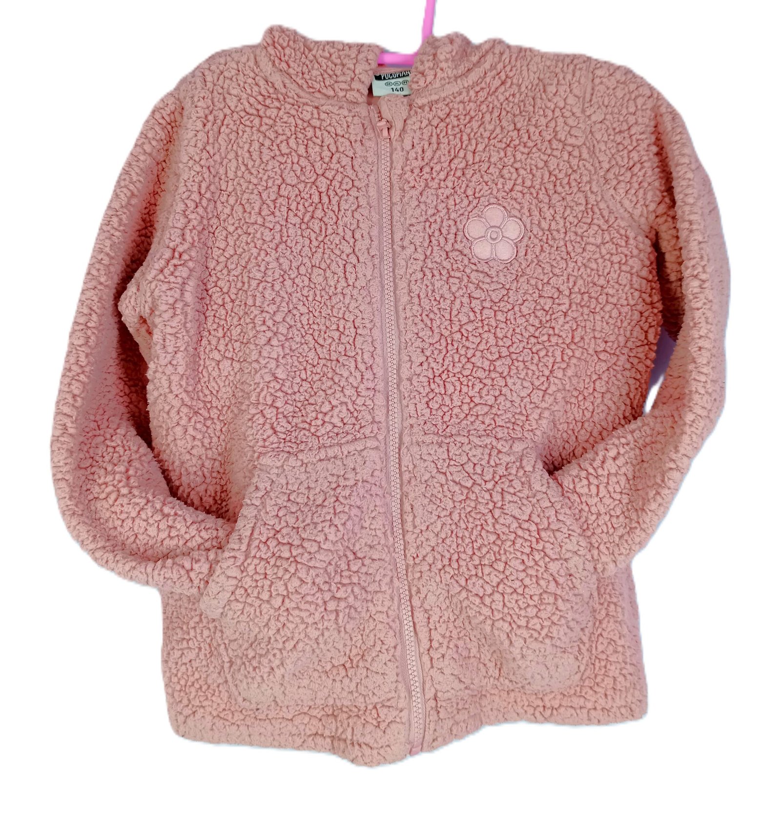 Kid's Soft Fleece Hooded Zipper Jacket with Front Open Pockets (Embroided Flower Design)
