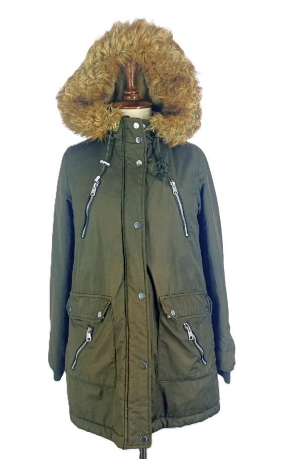 Women's Hooded Long Canvas Jacket - Upper Part Faux Fur Lining, Lower Part Polyester Lining - Fur Hood Border
