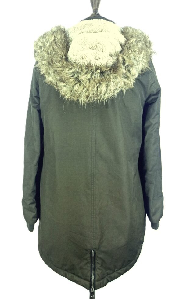 Women's Hooded Long Canvas Jacket - Upper Part Faux Fur Lining, Lower Part Polyester Lining - Fur Hood Border - Image 4